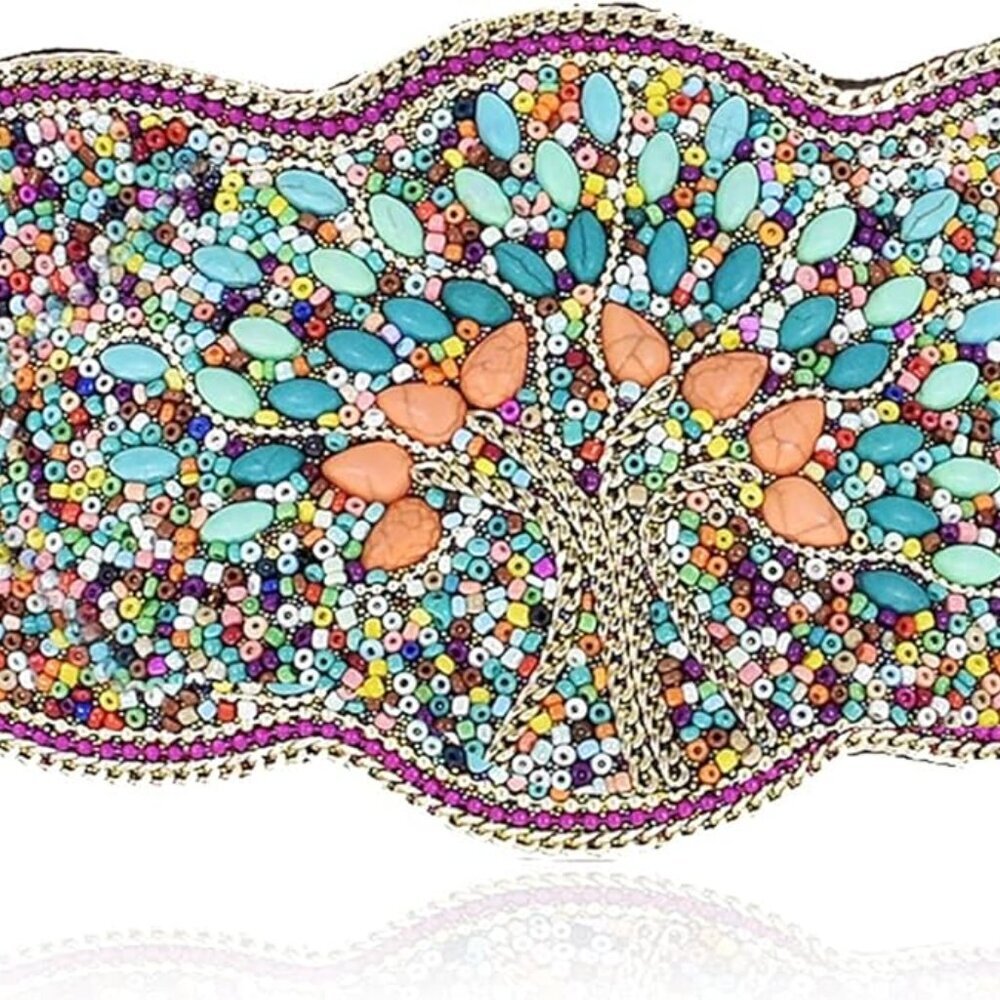 Bohemian Women Belts Wide Stretch Elastic Waist Cinch Belt Handmade Beaded Flowe